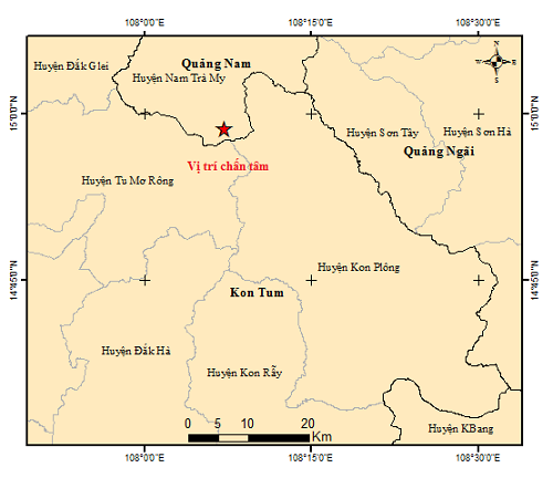 Vị trí trận động đất thứ 3 xảy ra tại tỉnh Quảng Nam.