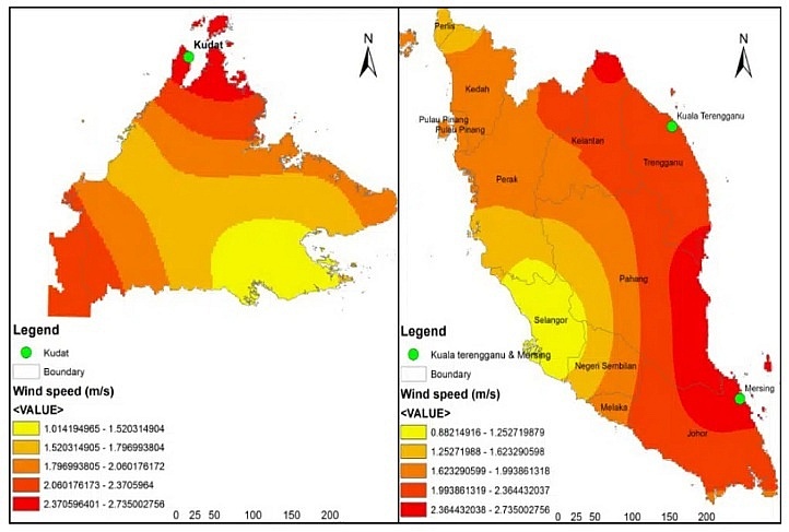 Tiềm năng năng lượng gió của Malaysia. Nguồn: MDPI