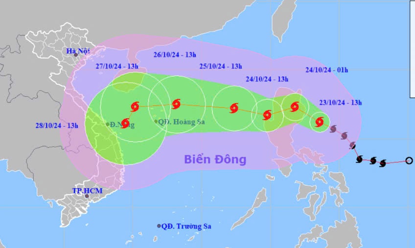 Dự báo vị trí và hướng di chuyển bão Trami lúc 13h chiều 23-10 - Ảnh: NCHMF