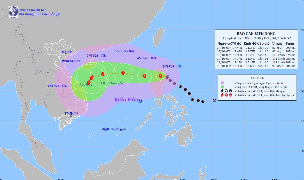 Dự báo vị trí và hướng di chuyển bão Trami lúc 13h chiều 23-10 - Ảnh: NCHMF