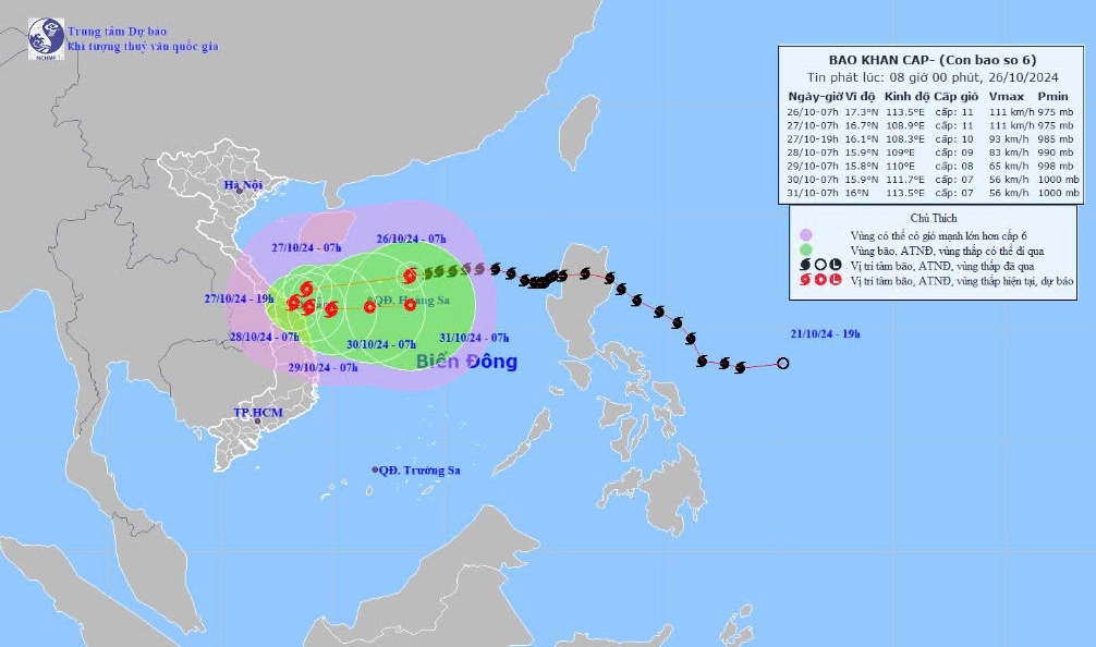 Bão Trami giật cấp 14, di chuyển nhanh về vùng biển Trung Trung Bộ