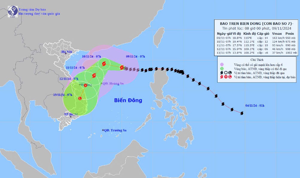 Bão Yinxing sẽ suy yếu khi đi vào vùng biển các tỉnh Quảng Trị - Quảng Ngãi