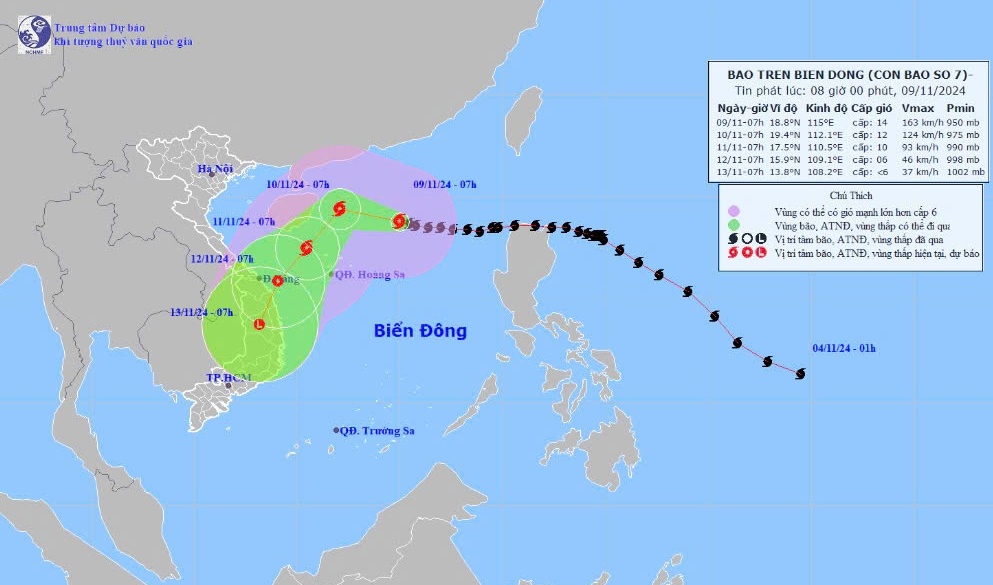 Bão Yinxing sẽ suy yếu khi đi vào vùng biển các tỉnh Quảng Trị - Quảng Ngãi