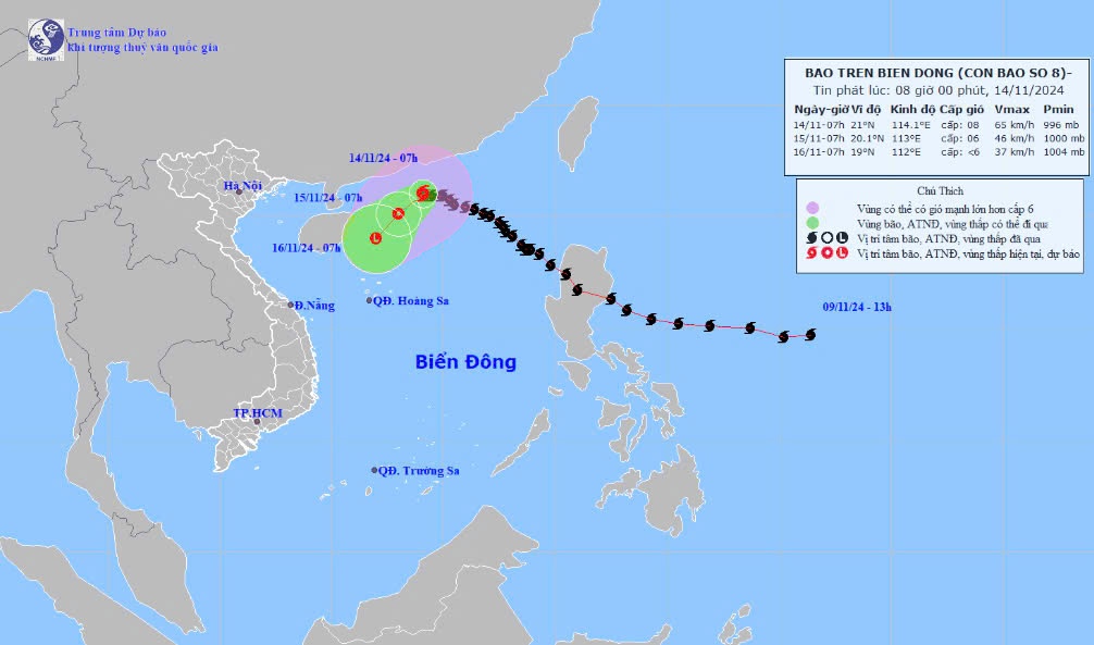 Dự báo vị trí và hướng di chuyển bão Yinxing lúc 17h00 ngày 08/11 (Ảnh: Trung tâm Dự báo Khí tượng Thủy văn Quốc gia)