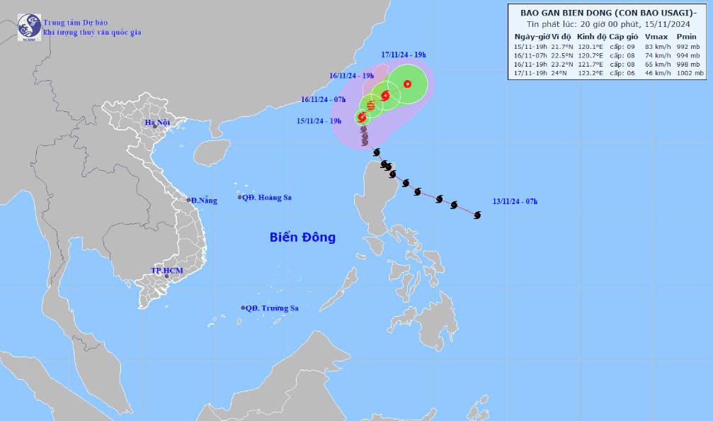 Dự báo vị trí và hướng di chuyển bão Yinxing lúc 17h00 ngày 08/11 (Ảnh: Trung tâm Dự báo Khí tượng Thủy văn Quốc gia)