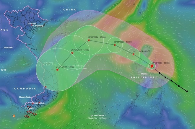 đường đi của siêu bão Man-yi hồi 17 giờ ngày 17.1.1 Ảnh: Hệ thống Giám sát thiên tai Việt Nam