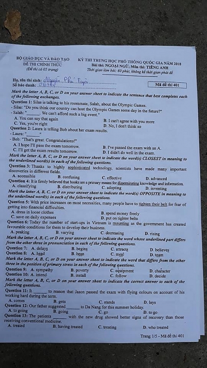 de thi va goi y dap an mon ngoai ngu thpt quoc gia 2018