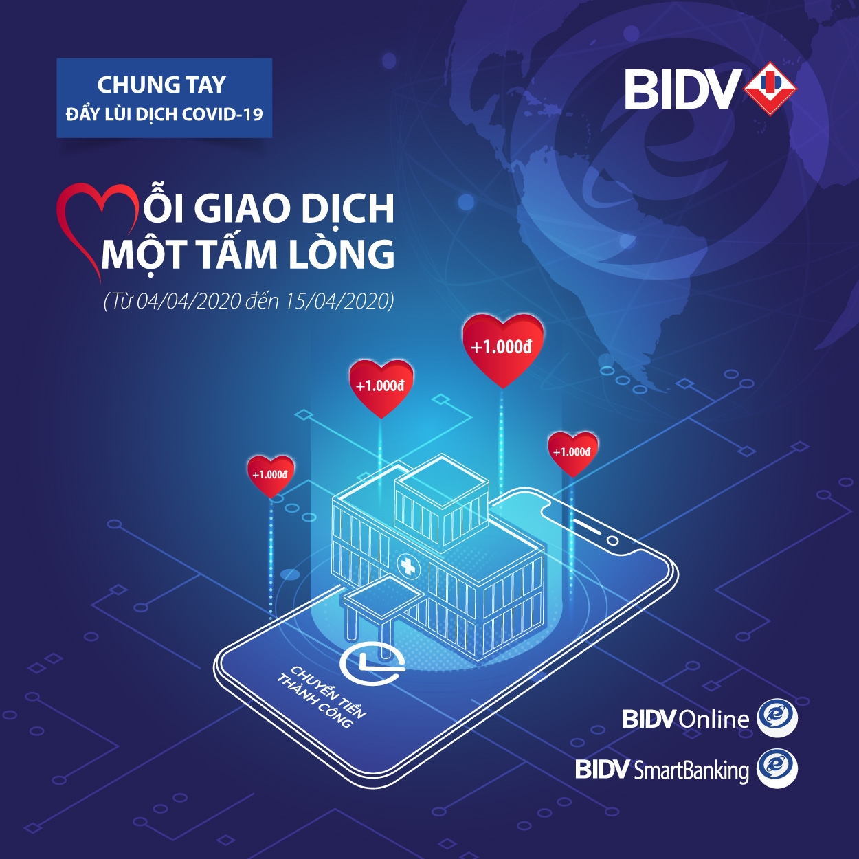 Mỗi giao dịch online, khách hàng đã cùng BIDV góp 1.000 đồng  ủng hộ chống dịch Covid-19