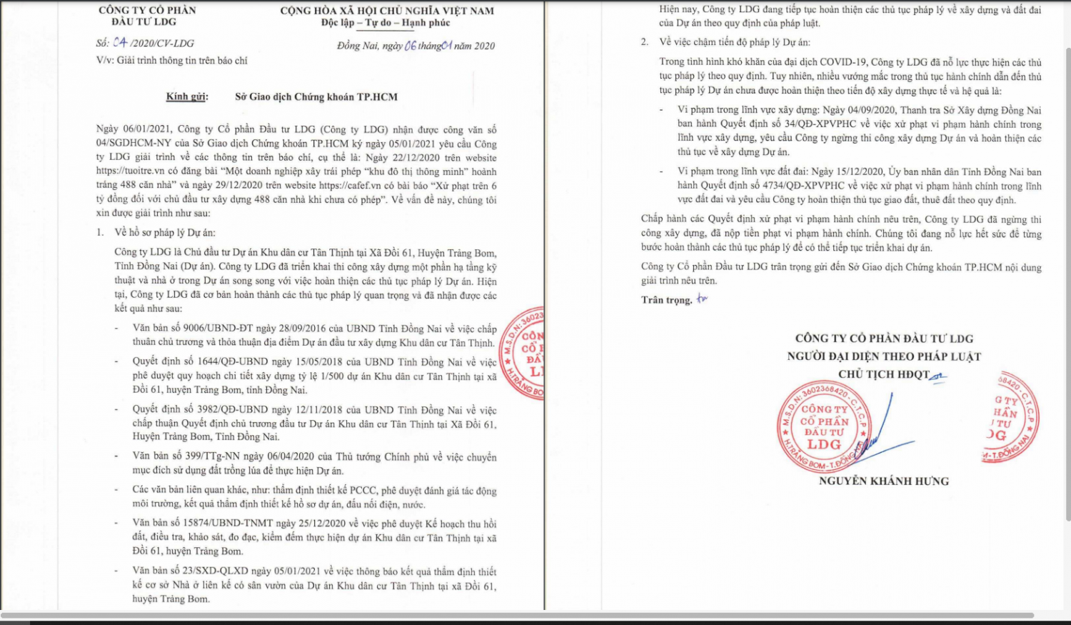 Văn bản giải trình của LDG liên quan đến sai phạm tại dự án Khu dân cư Tân Thịnh.