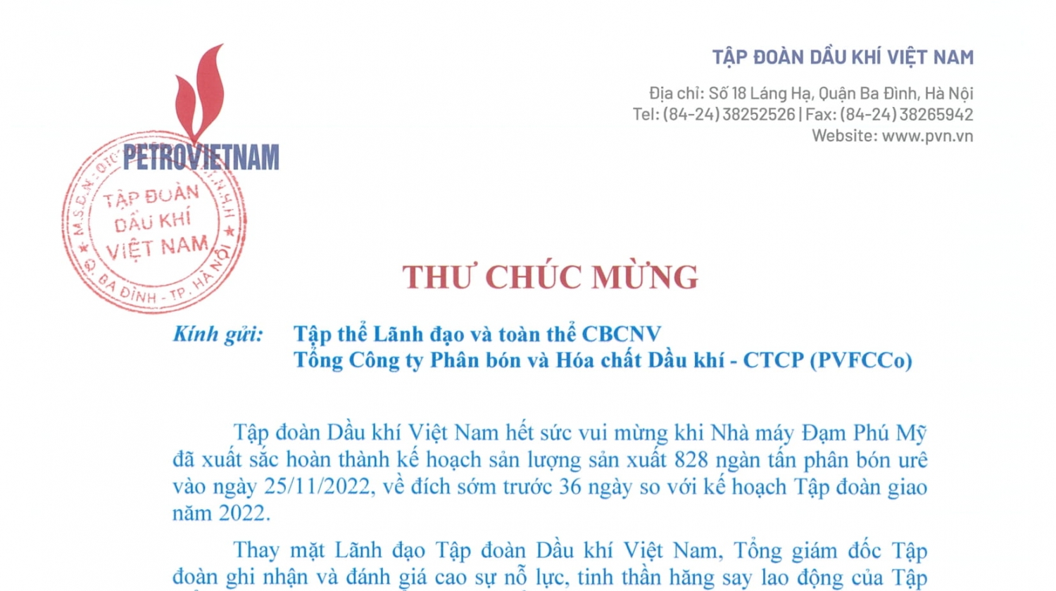 Lãnh đạo Petrovietnam gửi thư chúc mừng PVFCCo hoàn thành kế hoạch sản xuất năm 2022