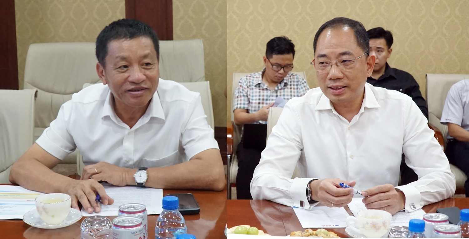 Chủ tịch HĐQT PVOIL Cao Hoài Dương và  Tổng Giám đốc PVOIL Đoàn Văn Nhuộm phát biểu