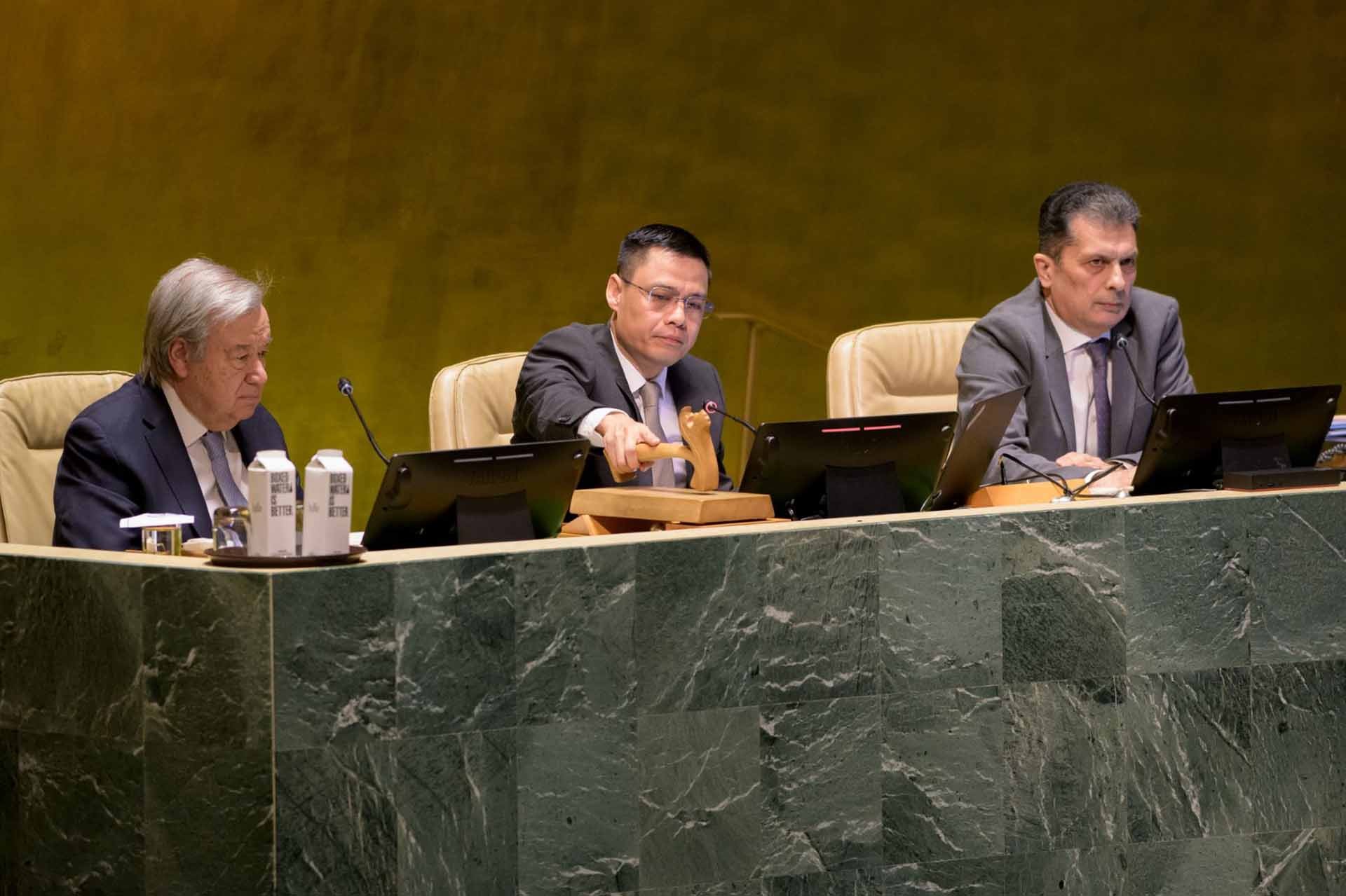 Phó Chủ tịch Đại hội đồng LHQ, Đại sứ Đặng Hoàng Giang, Trưởng Phái đoàn đại diện Việt Nam tại LHQ (ngồi giữa), gõ búa thông qua Nghị quyết.