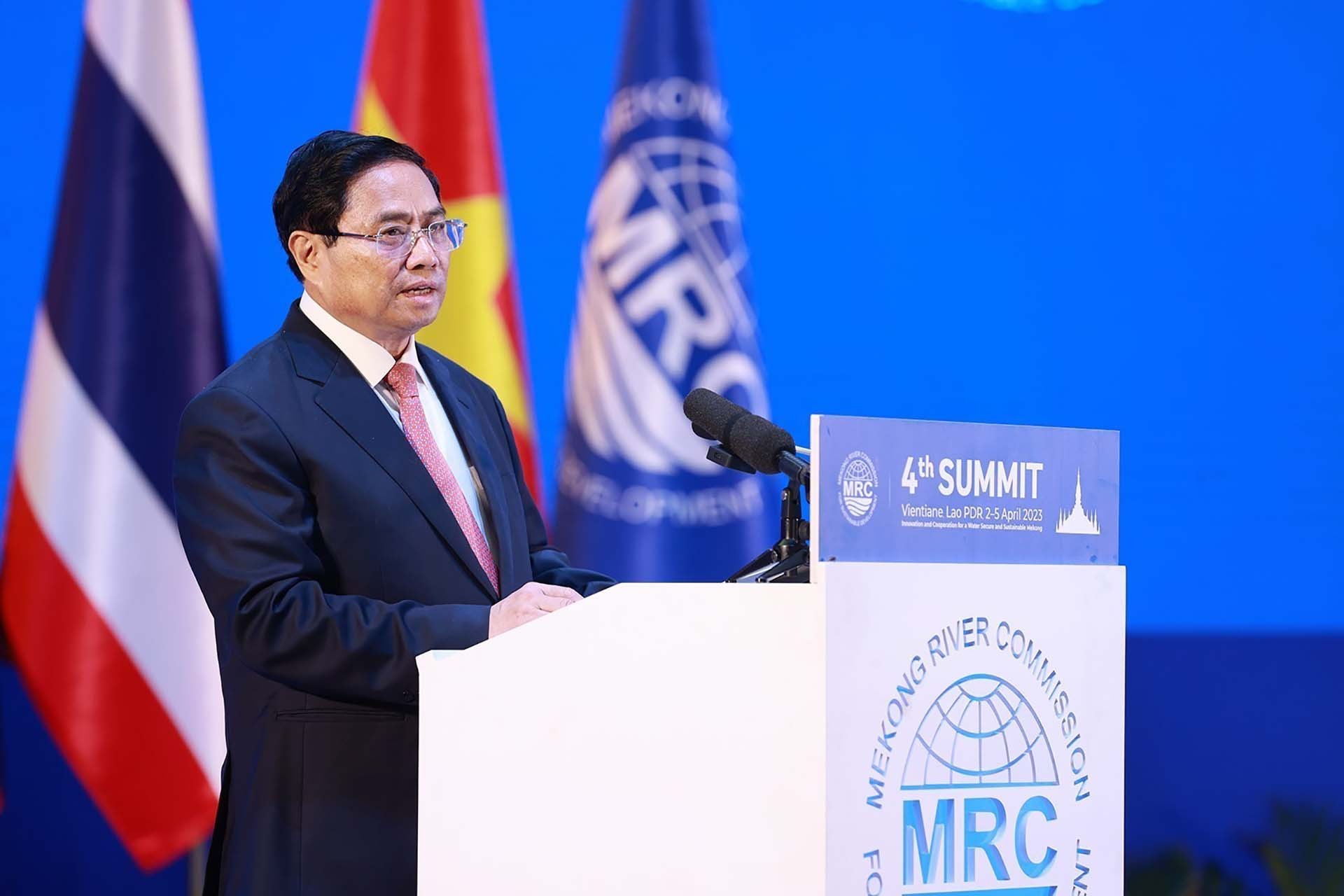 Thủ tướng Phạm Minh Chính phát biểu tại Phiên toàn thể Hội nghị cấp cao Ủy hội sông Mekong quốc tế lần thứ tư. (Nguồn: TTXVN)