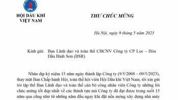 Thư chúc mừng của Hội Dầu khí Việt Nam nhân dịp kỷ niệm 15 năm ngày thành lập BSR