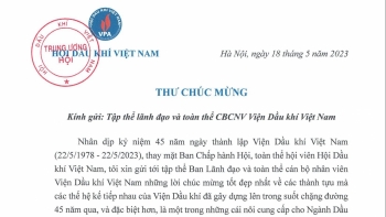Chủ tịch Hội Dầu khí Việt Nam gửi thư chúc mừng kỷ niệm 45 năm ngày thành lập Viện Dầu khí Việt Nam