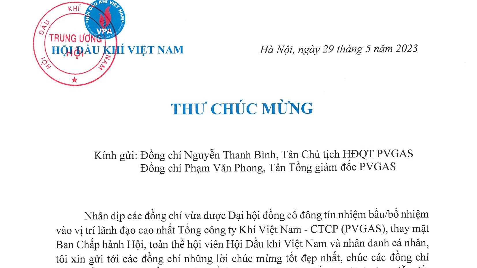 Chủ tịch Hội Dầu khí Việt Nam gửi thư chúc mừng tân Chủ tịch, Tổng Giám đốc PV GAS