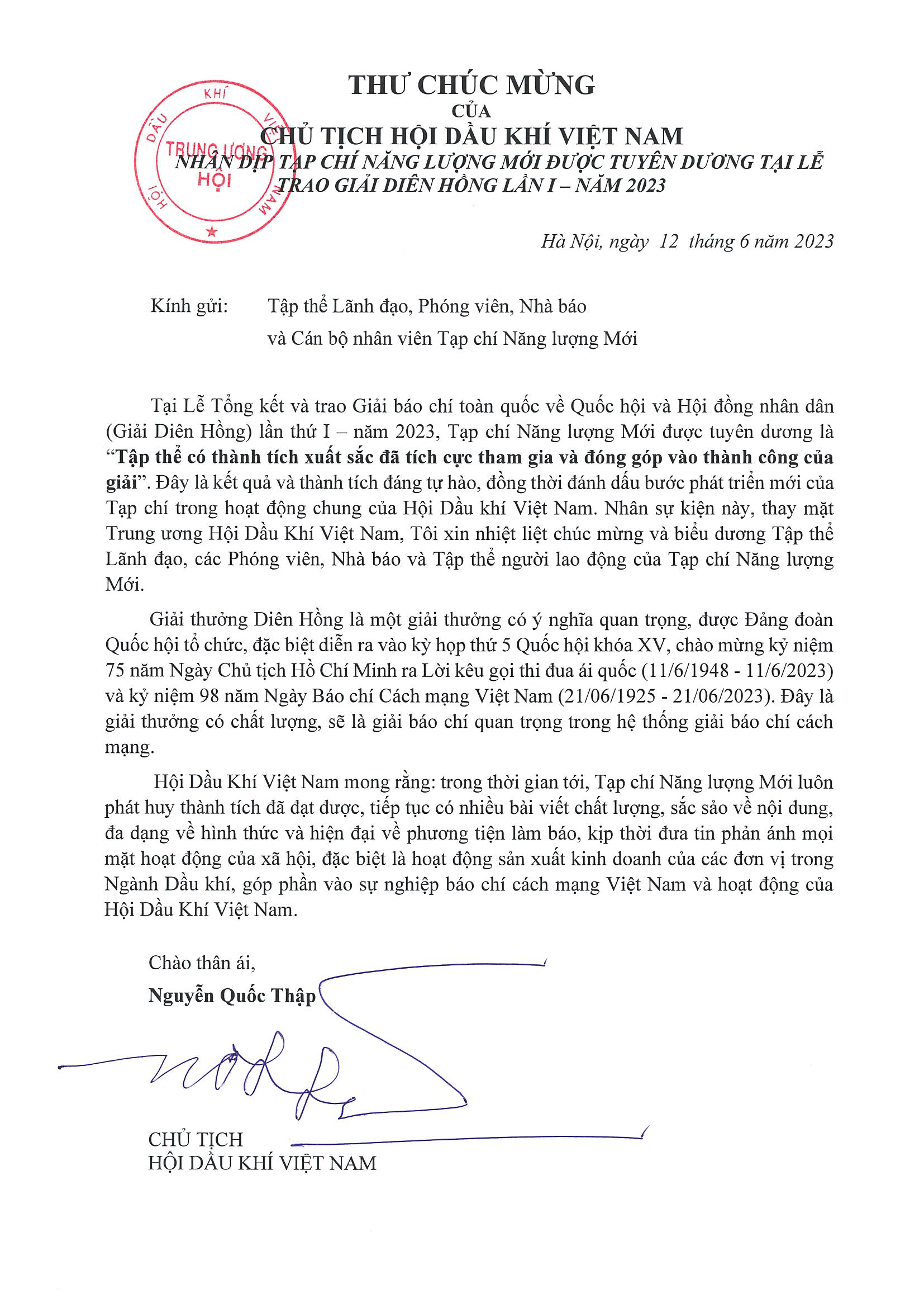 Chủ tịch Hội Dầu khí Việt Nam gửi thư chúc mừng Tạp chí Năng lượng Mới được tuyên dương tại Lễ trao giải Diên Hồng lần I