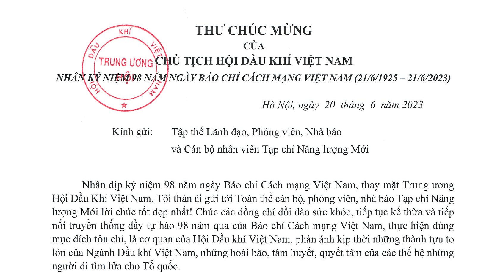 Chủ tịch Hội Dầu khí Việt Nam gửi thư chúc mừng Tạp chí Năng lượng Mới nhân Ngày Báo chí cách mạng Việt Nam