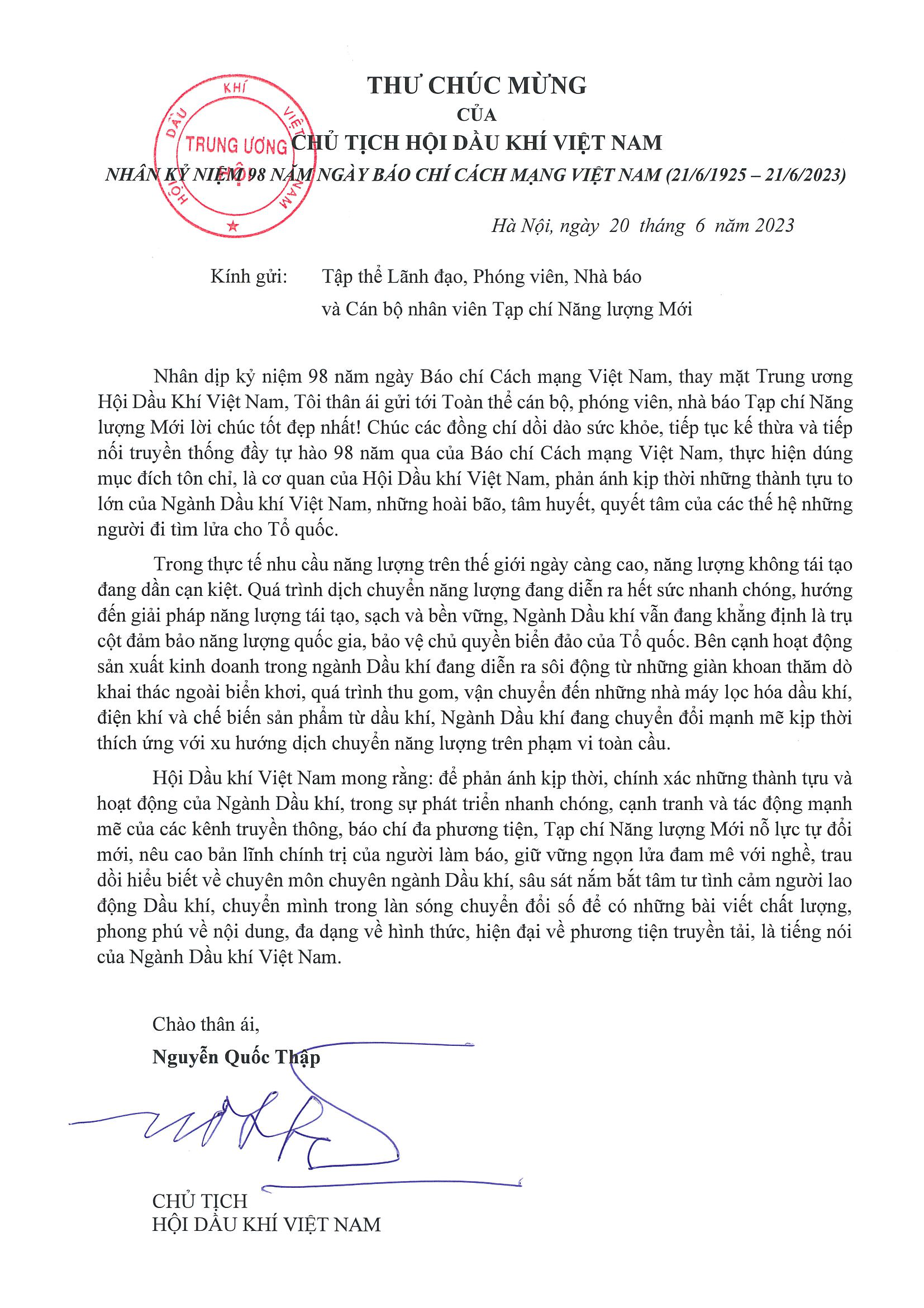 Chủ tịch Hội Dầu khí Việt Nam gửi thư chúc mừng Tạp chí Năng lượng Mới nhân Ngày Báo chí cách mạng Việt Nam