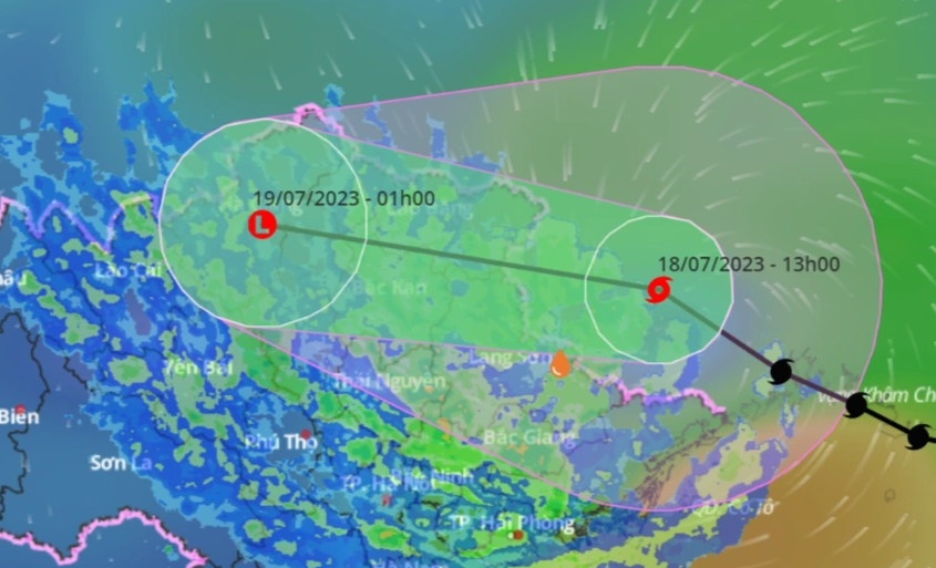 Bão Talim khả năng suy yếu thành vùng áp thấp rồi tiến sâu vào khu vực vùng núi Bắc Bộ đêm nay và rạng sáng 19/7, gây mưa cho khu vực (Ảnh: VNDMS).