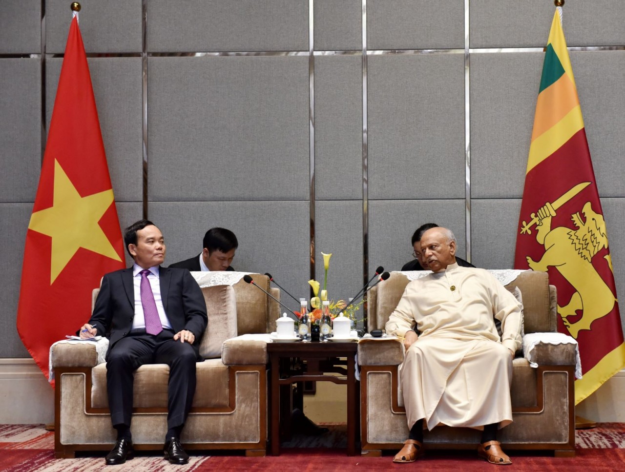 Phó Thủ tướng Trần Lưu Quang hội kiến Thủ tướng Sri Lanka Dinesh Gunawardena. (Nguồn: TTXVN)