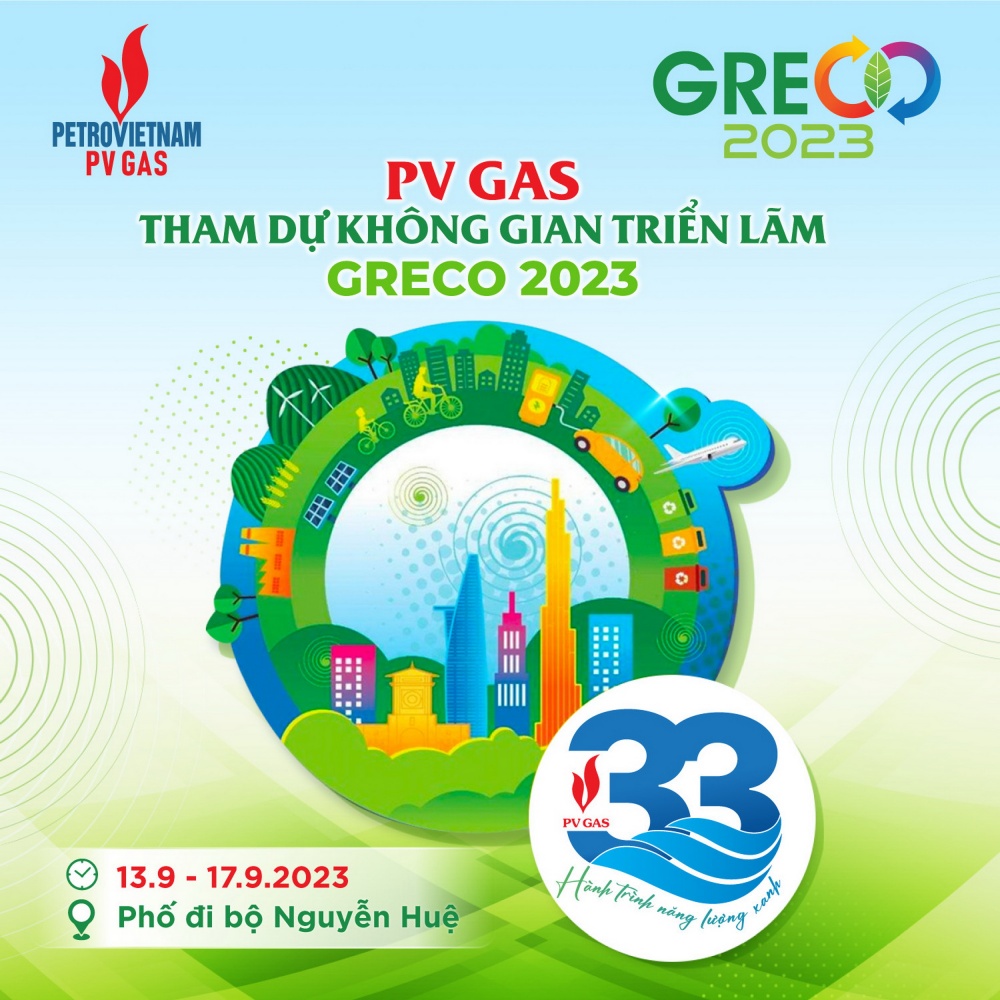 Poster giới thiệu về Gian triển lãm của PV GAS với thông điệp “Giải pháp năng lượng cho tăng trưởng xanh”, chào mừng 33 năm thành lập và phát triển