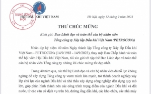 Chủ tịch Hội Dầu khí Việt Nam gửi thư chúc mừng Kỷ niệm 40 năm Ngày thành lập Tổng công ty Xây lắp Dầu khí Việt Nam