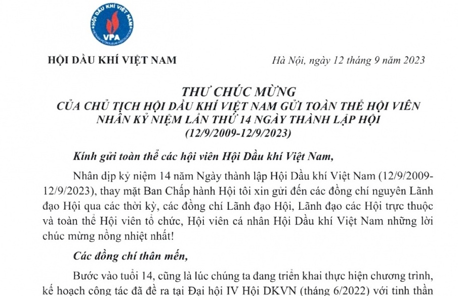 Chủ tịch Hội Dầu khí Việt Nam gửi thư chúc mừng hội viên nhân 14 năm Ngày thành lập Hội