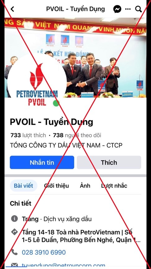 PVOIL cảnh báo Fanpage giả mạo danh nghĩa Tổng công ty đăng thông tin tuyển dụng lừa đảo