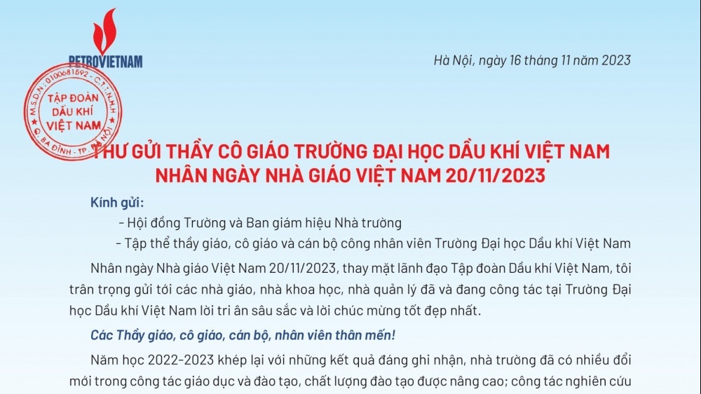 Tổng Giám đốc Petrovietnam gửi thư chúc mừng Trường Đại học Dầu khí Việt Nam nhân Ngày Nhà giáo Việt Nam