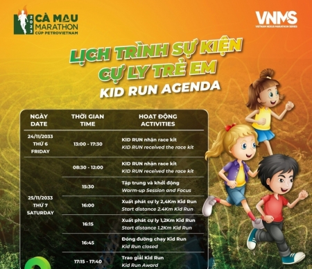 Thông tin các mốc thời gian tham gia giải Marathon Cà Mau 2023 của vận động viên trẻ em