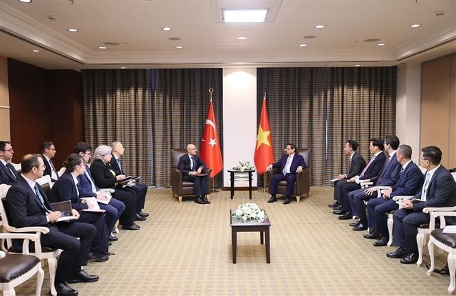 Thủ tướng Phạm Minh Chính tiếp Bộ trưởng Ngân khố và Tài chính Thổ Nhĩ Kỳ Mehmet Simsek. (Nguồn: TTXVN)
