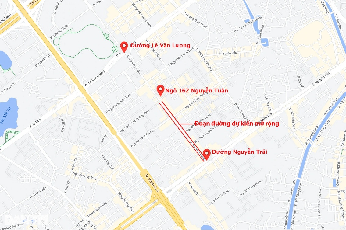 Vị trí đường đoạn đường Nguyễn Tuân thuộc quận Thanh Xuân dự kiến sẽ mở rộng (Ảnh: Google Maps).