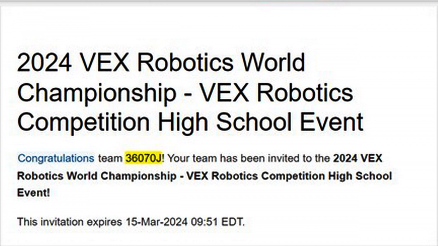Hình 5: Thư mời tham dự VEX Robotics World Championship