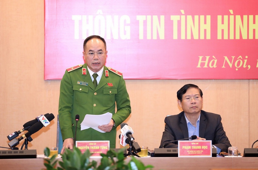 hiếu tướng Nguyễn Thanh Tùng, Phó Giám đốc Công an thành phố Hà Nội thông tin tại buổi họp báo.