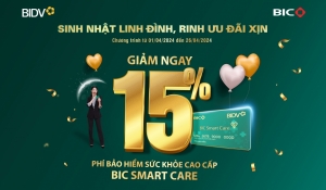 Ưu đãi 15% phí bảo hiểm sức khỏe cao cấp BIC Smart Care mừng sinh nhật BIDV