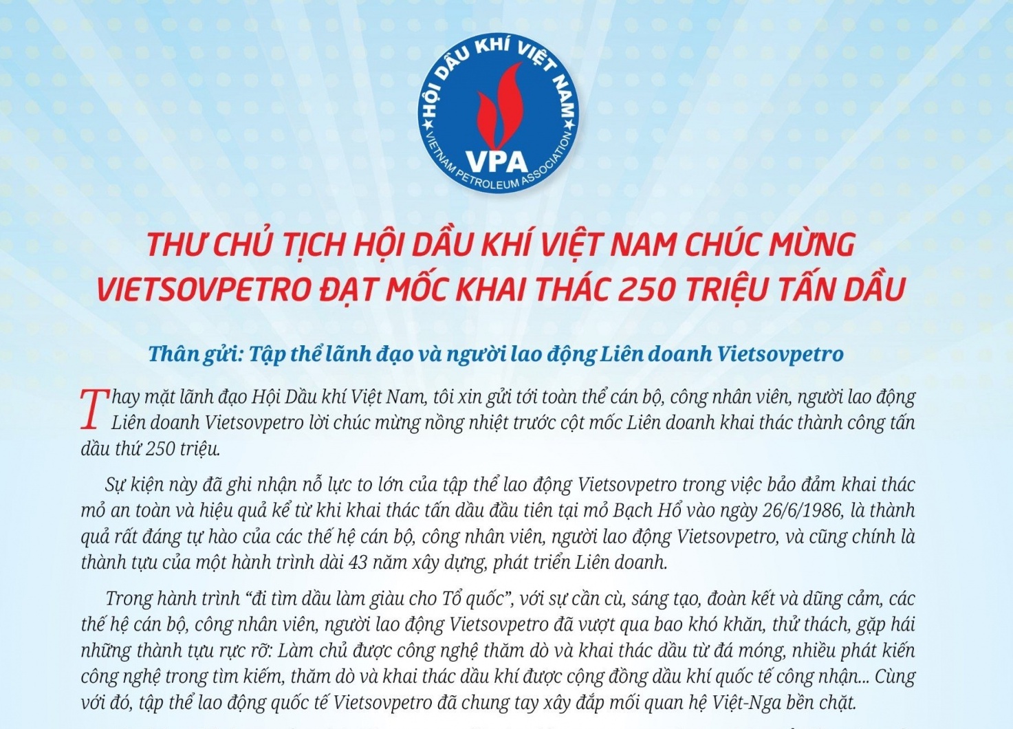 Chủ tịch Hội Dầu khí Việt Nam gửi thư chúc mừng Vietsovpetro đạt mốc khai thác 250 triệu tấn dầu