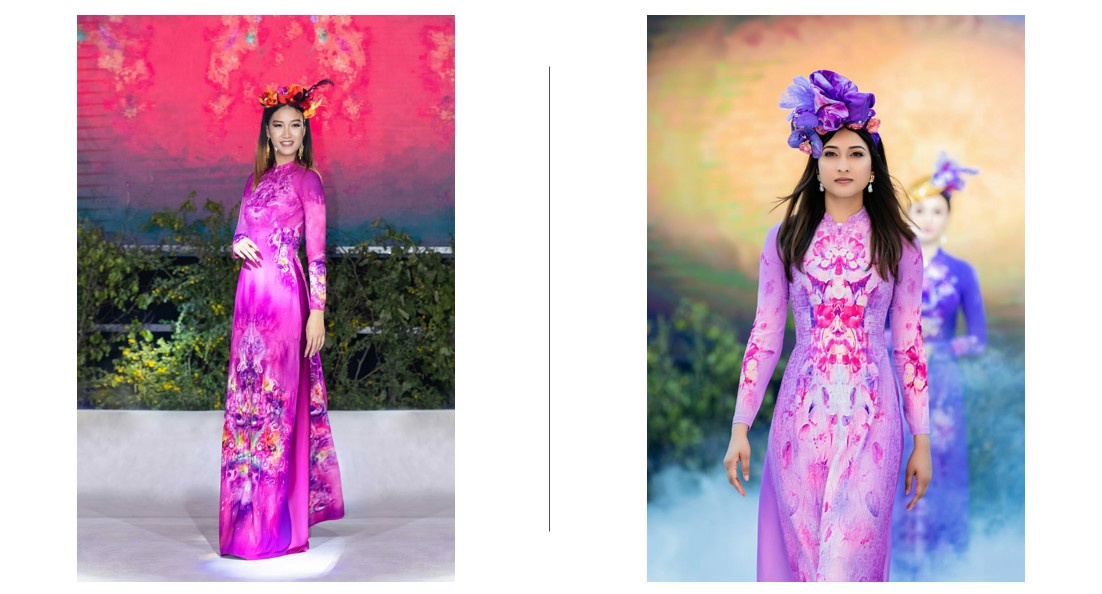 Màu sắc thời thượng của trang phục áo dài Đỗ Trịnh Hoài Nam giúp gương mặt của các người mẫu bừng sáng, trẻ trung hơn.