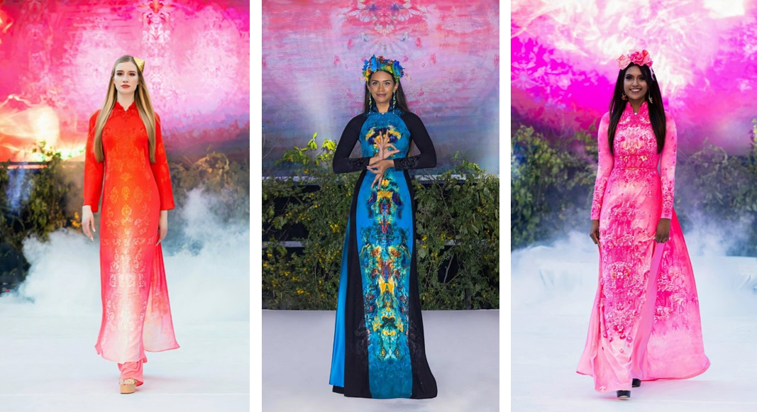 Các người mẫu quốc tế tự tin, thanh thoát và duyên dáng trong bộ áo dài truyền thống của Việt Nam.