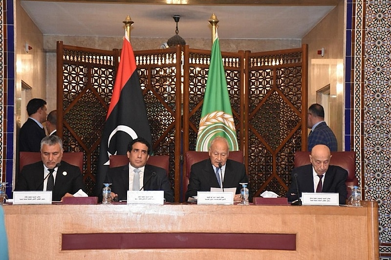 Chủ tịch Hội đồng Tổng thống Libya Mohamed Menfi, Chủ tịch Hội đồng Nhà nước Cấp cao Mohamed Takala và Chủ tịch Hạ viện Aguila Saleh trong một cuộc họp tại trụ sở Liên đoàn Ảrập năm 2023. Ảnh: Al Mayadeen