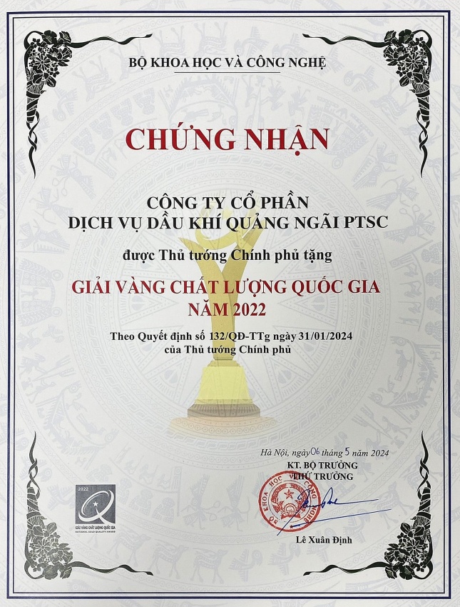 PTSC Quảng Ngãi đạt chứng nhận Giải Vàng Chất lượng Quốc gia