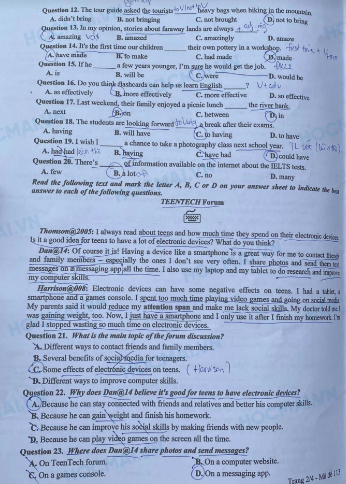 Đề thi và đáp án tham khảo môn Tiếng Anh vào lớp 10 tại Hà Nội