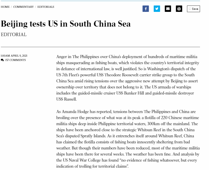 Báo Australia hối thúc Mỹ có các biện pháp cứng rắn hơn đối với Trung Quốc ở Biển Đông. (Ảnh chụp màn hình)