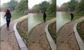 [VIDEO] Vẫy tay chào bạn, thiếu nữ lao thẳng xuống hồ