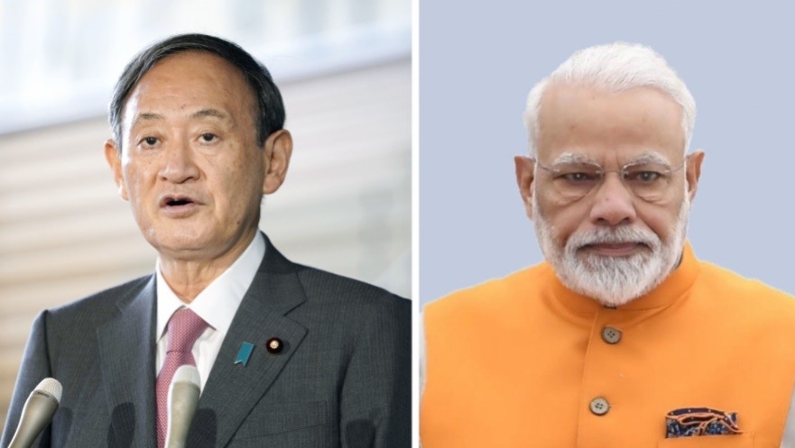 Thủ tướng Suga đã chuyển tải mối lo ngại của Nhật Bản tới người đồng cấp Ấn Độ Modi về sự quyết đoán ngày càng tăng của Trung Quốc ở các vùng biển phụ cận như Biển Đông và biển Hoa Đông. (Nguồn: Kyodo)