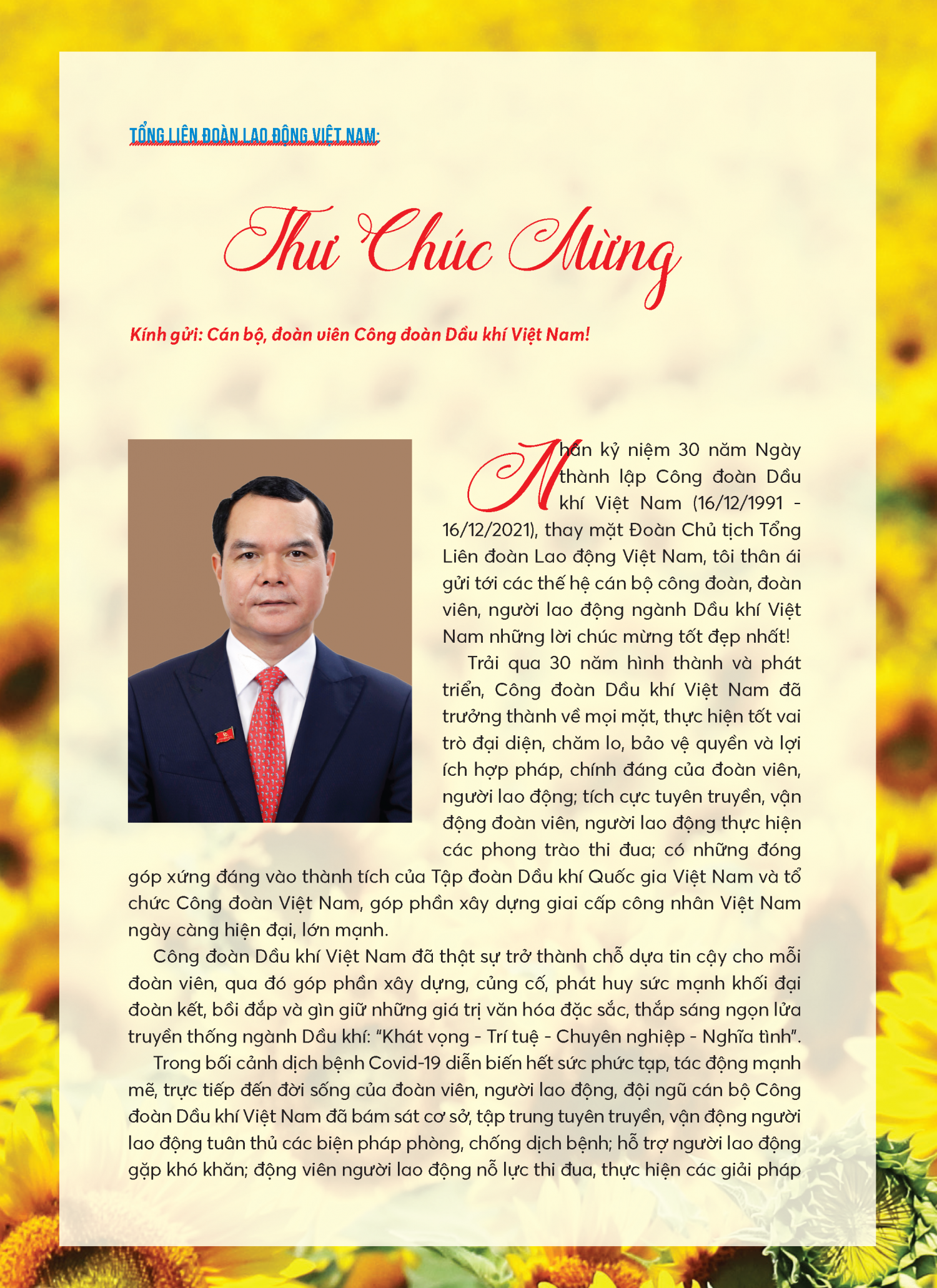 Chủ tịch Tổng Liên đoàn Lao động Việt Nam gửi thư chúc mừng Công đoàn Dầu khí Việt Nam