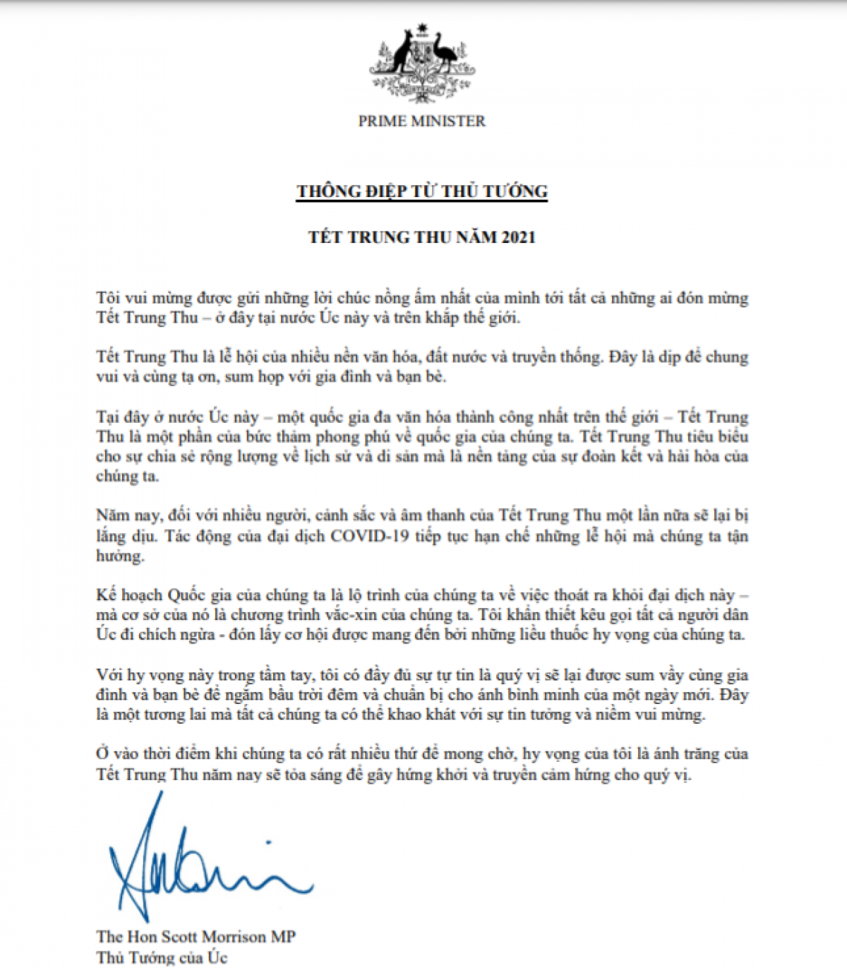 Thủ tướng Australia gửi thông điệp chúc mừng Tết Trung thu