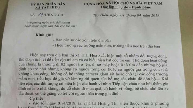 Nhiều xã, phường ở Nghệ An cảnh báo phòng ngừa bắt cóc trẻ em
