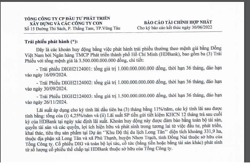 Thông tin thuyết minh 3 khoản vay trái phiếu tổng trị giá 3.500 tỷ của DIC Corp.