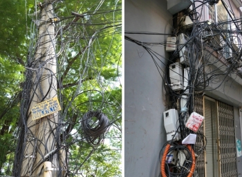 Hà Nội: Dây điện, cáp viễn thông chằng chịt ở nhiều tuyến phố